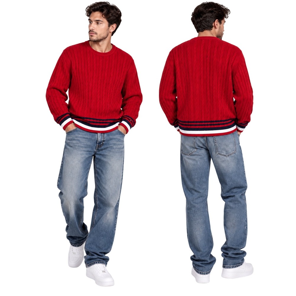Tommy Hilfiger Mens Red blue Cable Knit Striped Hem V-Neck Cotton Sweater XXL